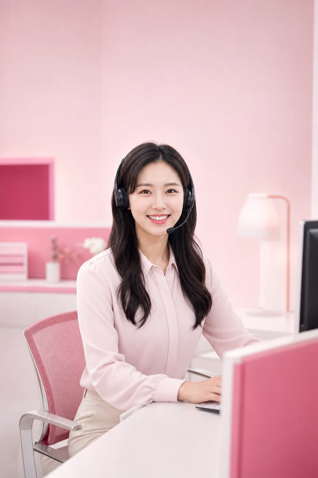 카드깡할부대출 다음머니 24시간 전화 문자 상담을 안내하는 헤드셋 여성 상담원 인물